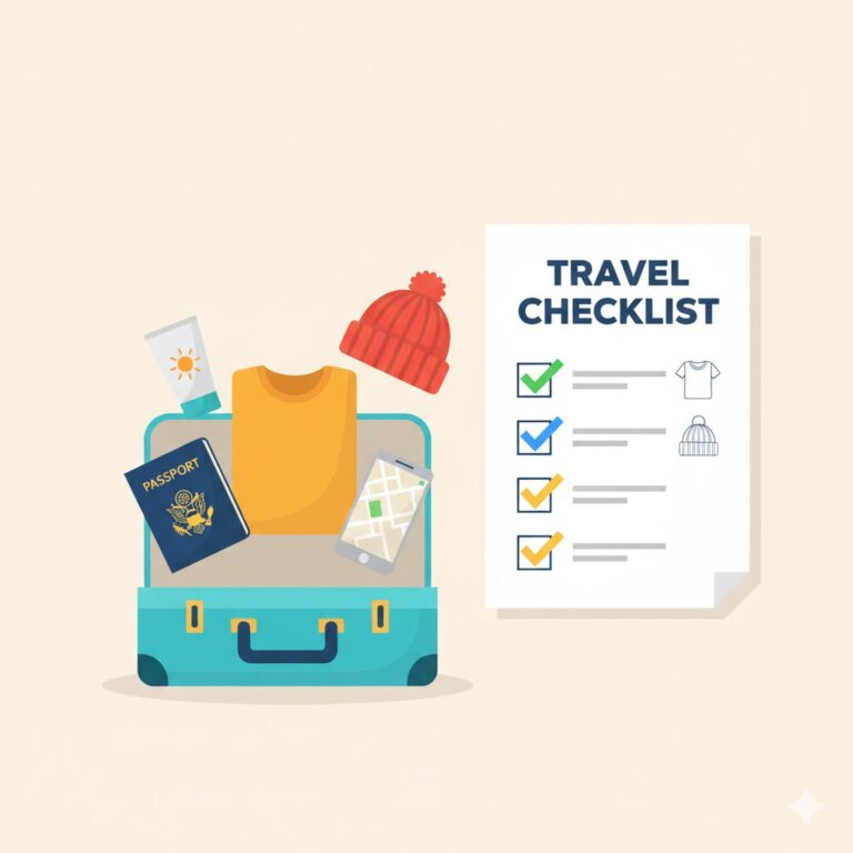 Illustration flat design d'une checklist de voyage avec valise ouverte, passeport, t-shirt, crème solaire, bonnet et smartphone.