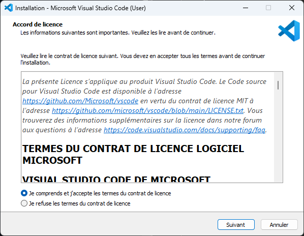 Capture d'écran les thermes du contrat VSCode.